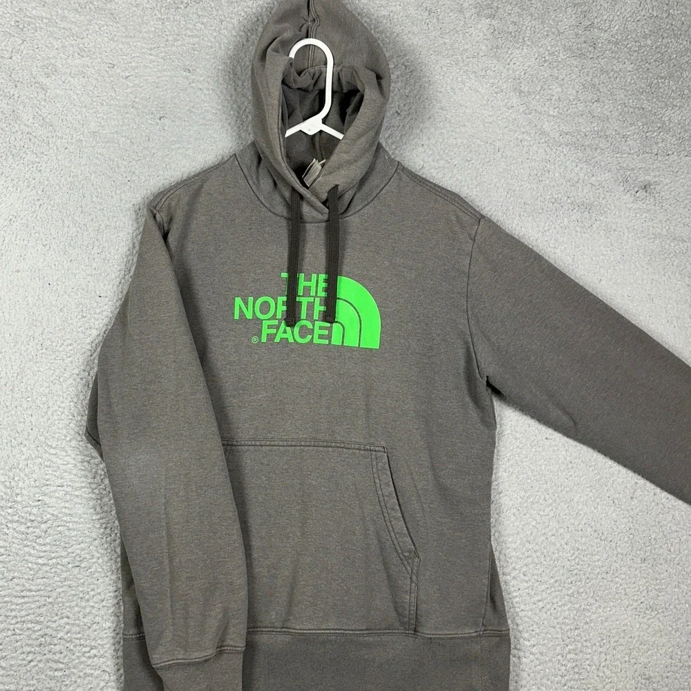 The North Face Hoodie Mens Medium Grey Neon Green Graphic Pullover Sweatshirt